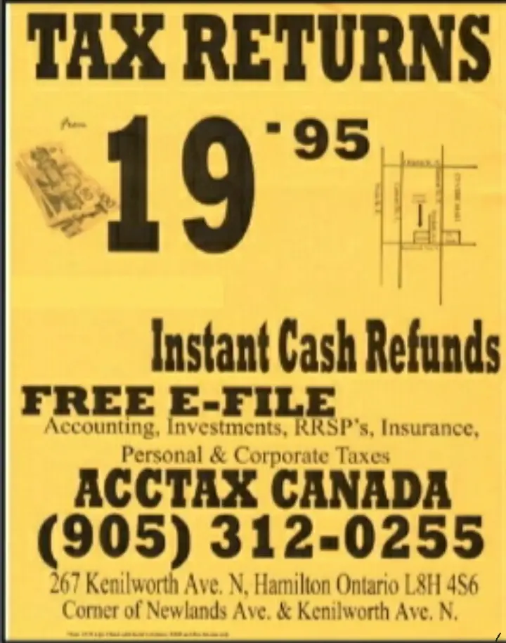 Acctax Canada business card: Personal and corporate tax preparation in Hamilton