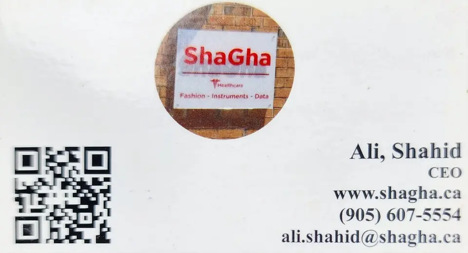 Shagha Medical Supplies business card: Fashion - Instruments - Data