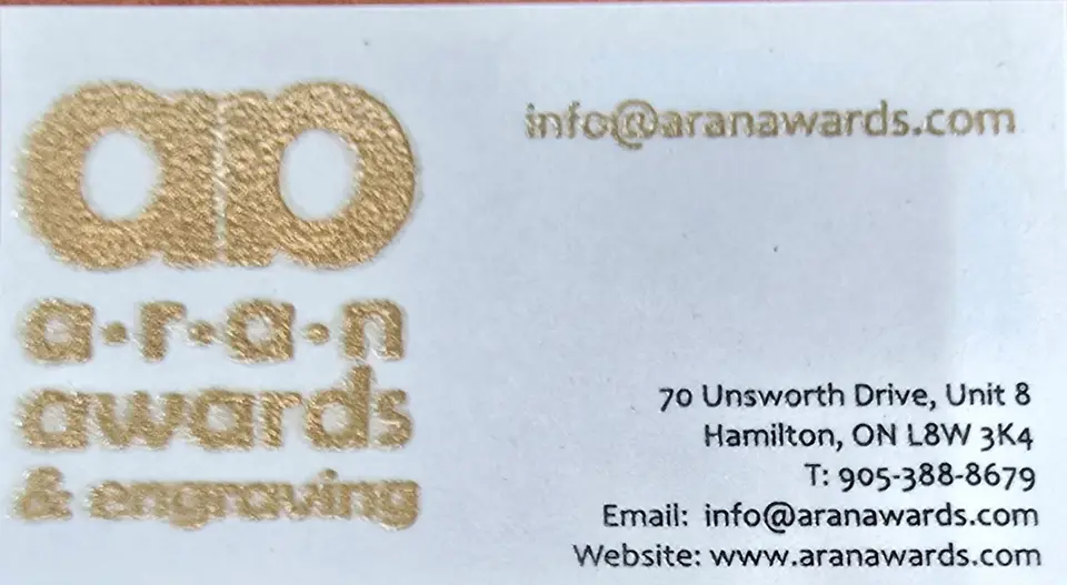 Aran Awards business card: Engraving, trophies, signs and lamacoids in Hamilton