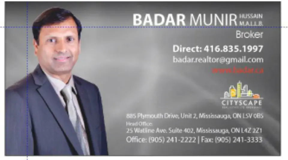 Badar Munir business card: Badar Munir Hussain M.A.L.L.B Broker