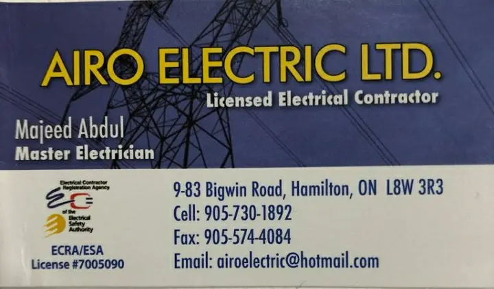Airo Electrical business card: Licensed Electrical Contractors Master Electrician