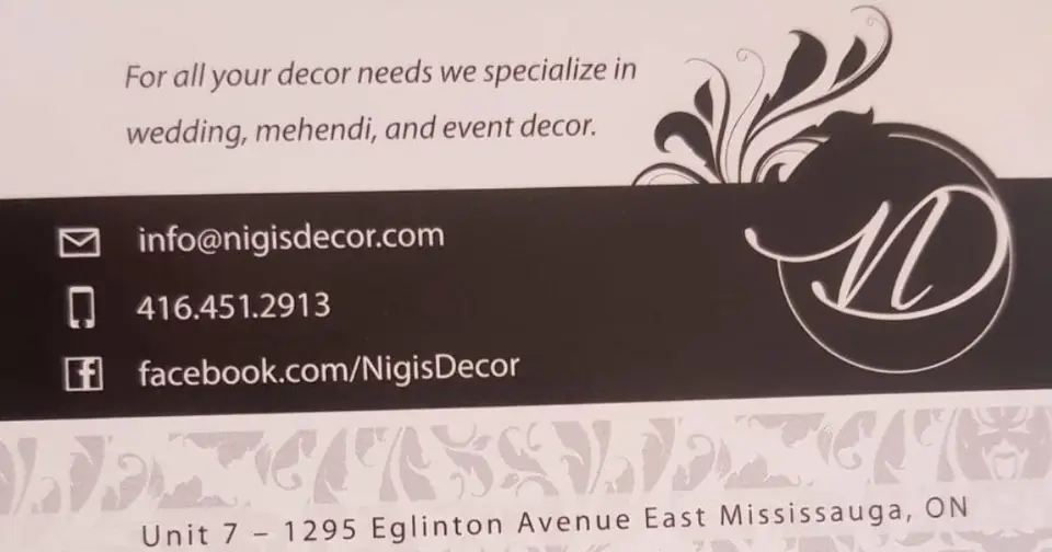 Nigis Decor business card: For all your Decor needs We specialize in weddings, Mehndi and event Decor