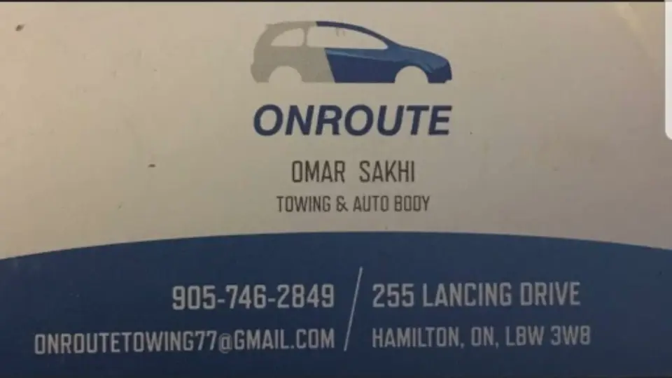 On Route Auto Body & Towing business card: Auto Body & Towing
