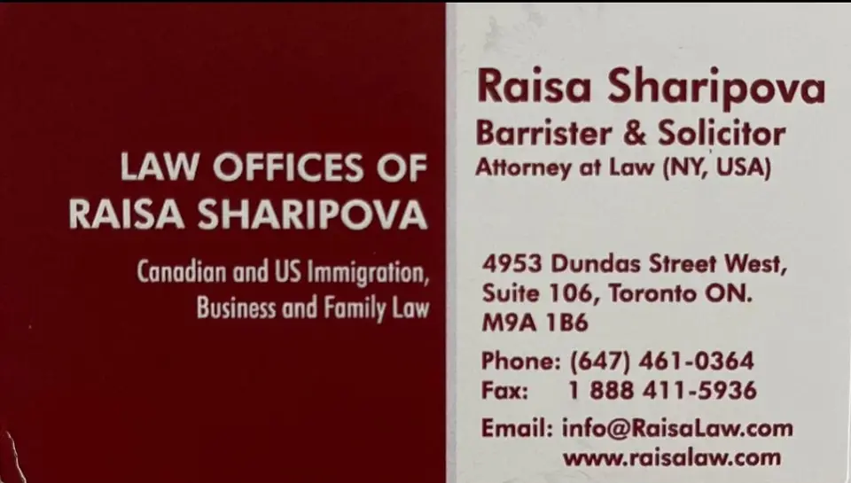 Raisa Sharipova business card: Barrister & Solicitor Ontario, Canada Attorney At Law(NY, USA)