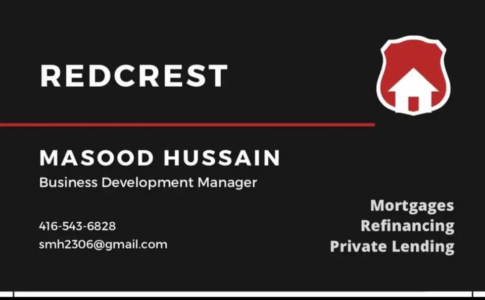 RED CREST, Masood Hussain business card: Business development Manager Mortgages Refinancing Private Landing