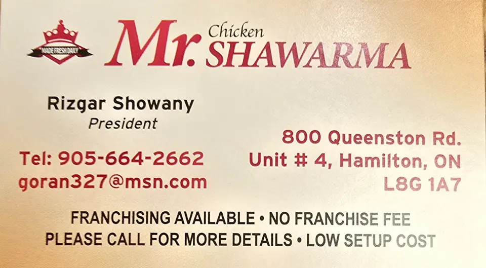 Rizgar Showany, President business card: FRANCHISING AVAILABLE NO FRANCHISE FEE PLEASE CALL FOR MORE DETAILS LOW SETUP COST