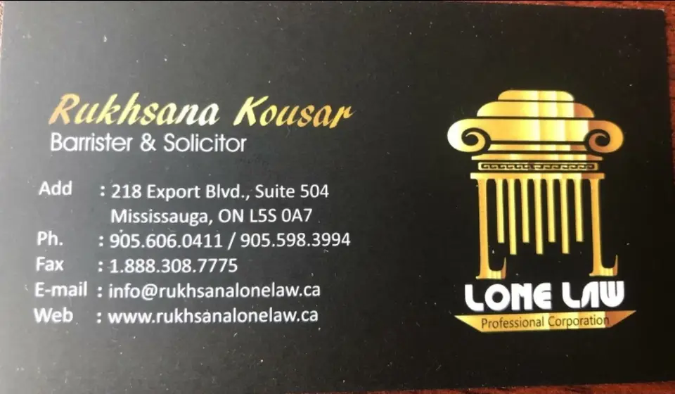 Rukhsana Kusar business card: Barristor & Solicitor