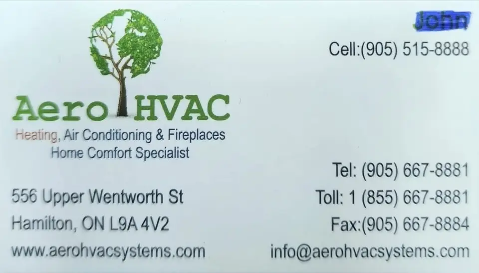 Saqib Sarwar, Aero HVAC Heating, Air Conditioning business card: Heating, Air Conditioning & Fireplaces Home Comfort Specialist