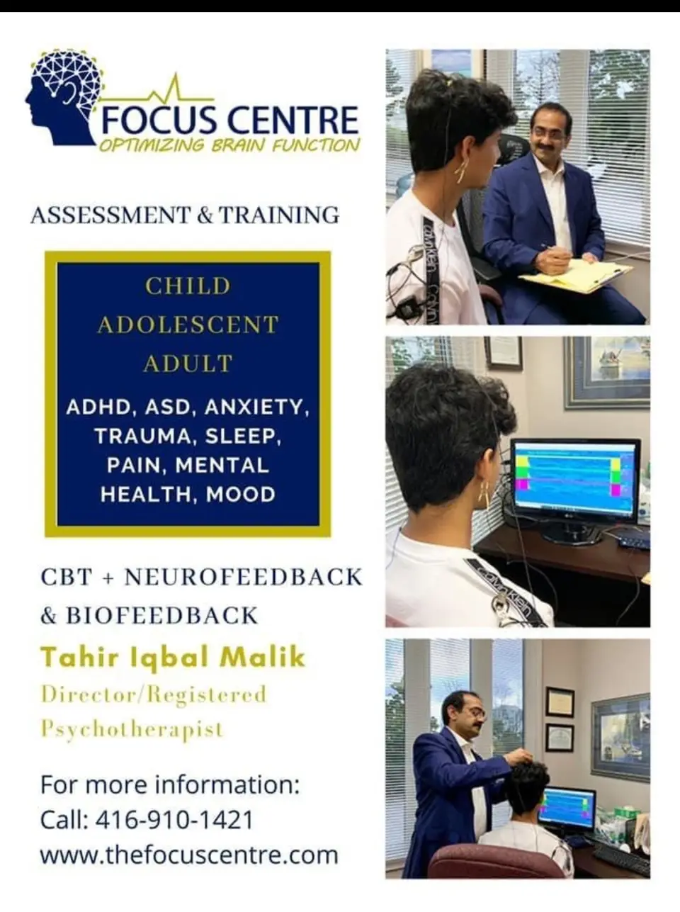 Focus Center (assessment & neurofeedback) business card: Assessment and Training Child,Adolescent, Adult CBT+Neurofeed Back+Biofeed Back Director/Registered Psychotherapist