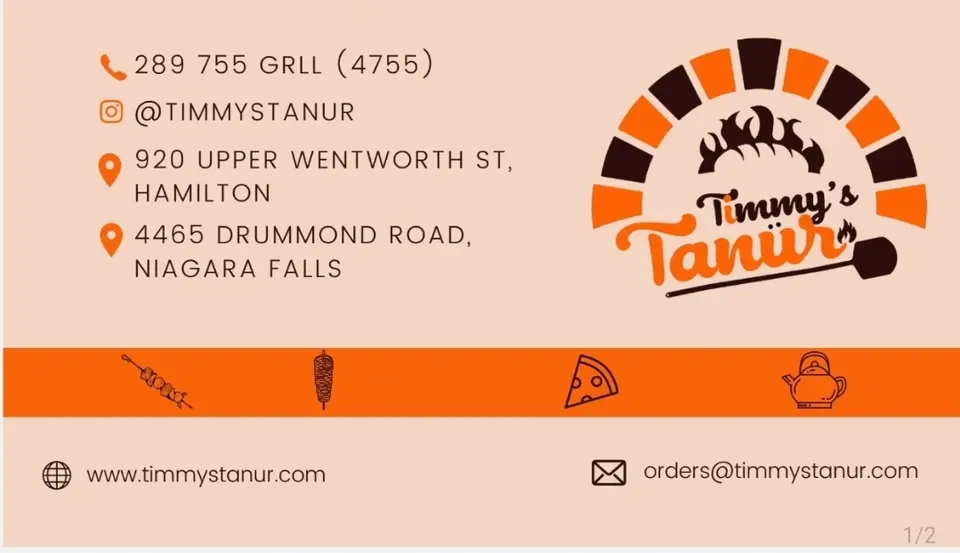Timmy’s Tanur business card: Mediterranean eatery: manakish, shawarma, kebabs and pizza