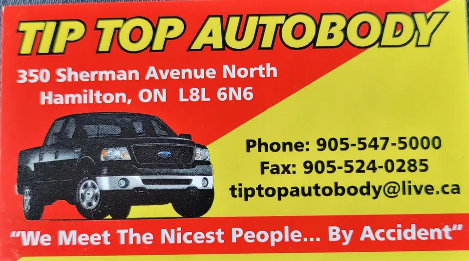 Tip Top Auto Body business card: "We Meet The Nicest People... By Accident"