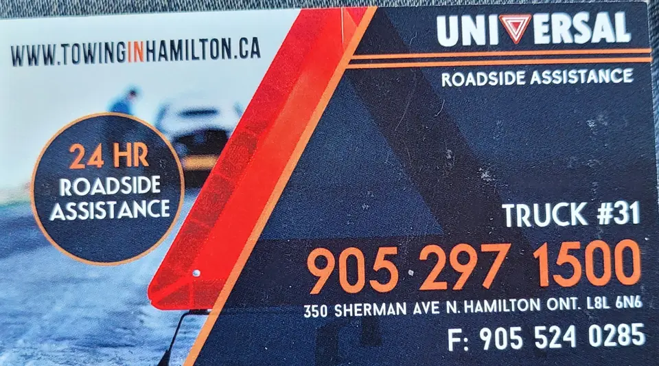 Universal Roadside Assistance business card: 24-hour towing and roadside assistance in Hamilton