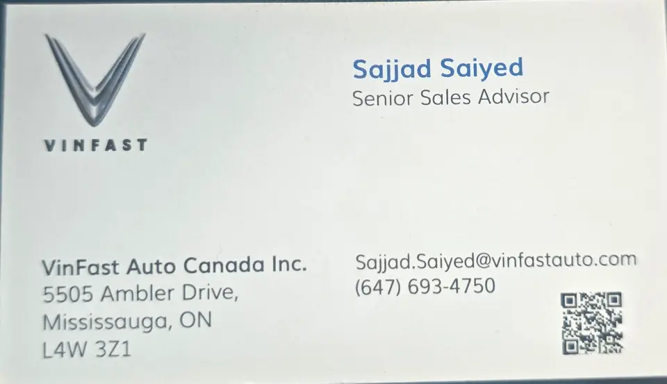 Vinfast- Sajjad Saiyed, Senior Sales Advisor business card